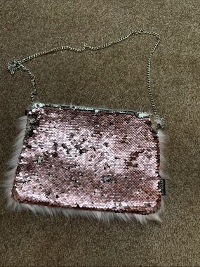 Sequin Purse with Faux Fur Trim - Rose Gold